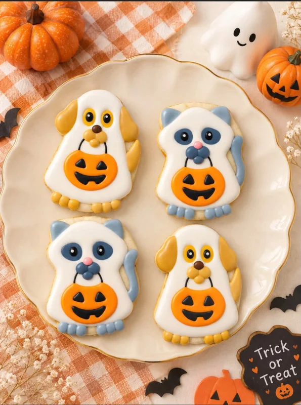 Ghost dog and cat cookies with pumpkin treat buckets
