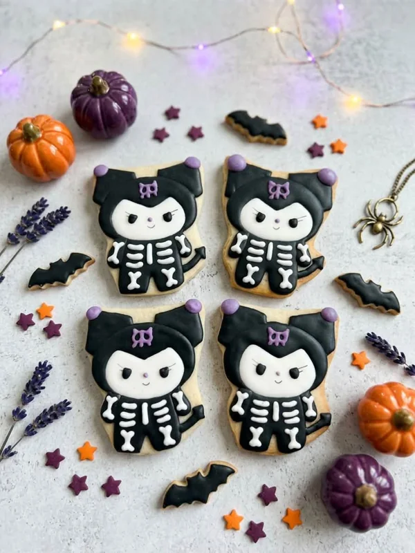 Kuromi skeleton cookies with purple and orange decorations